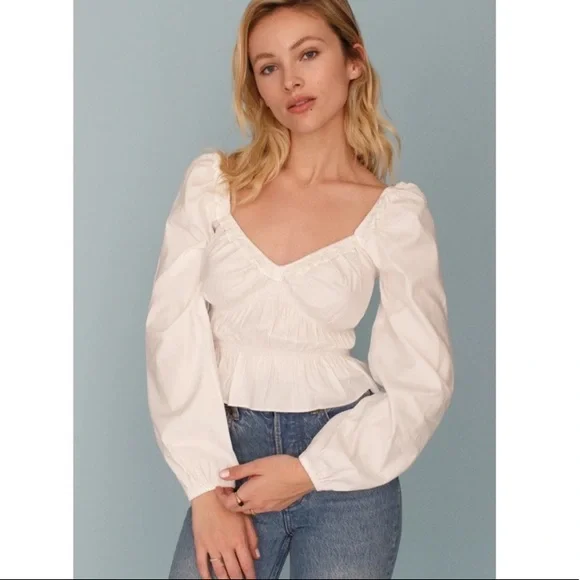 Reformation Fern Ruffled Gathered Stretch Organic Cotton Poplin Top - Picture 2 of 7